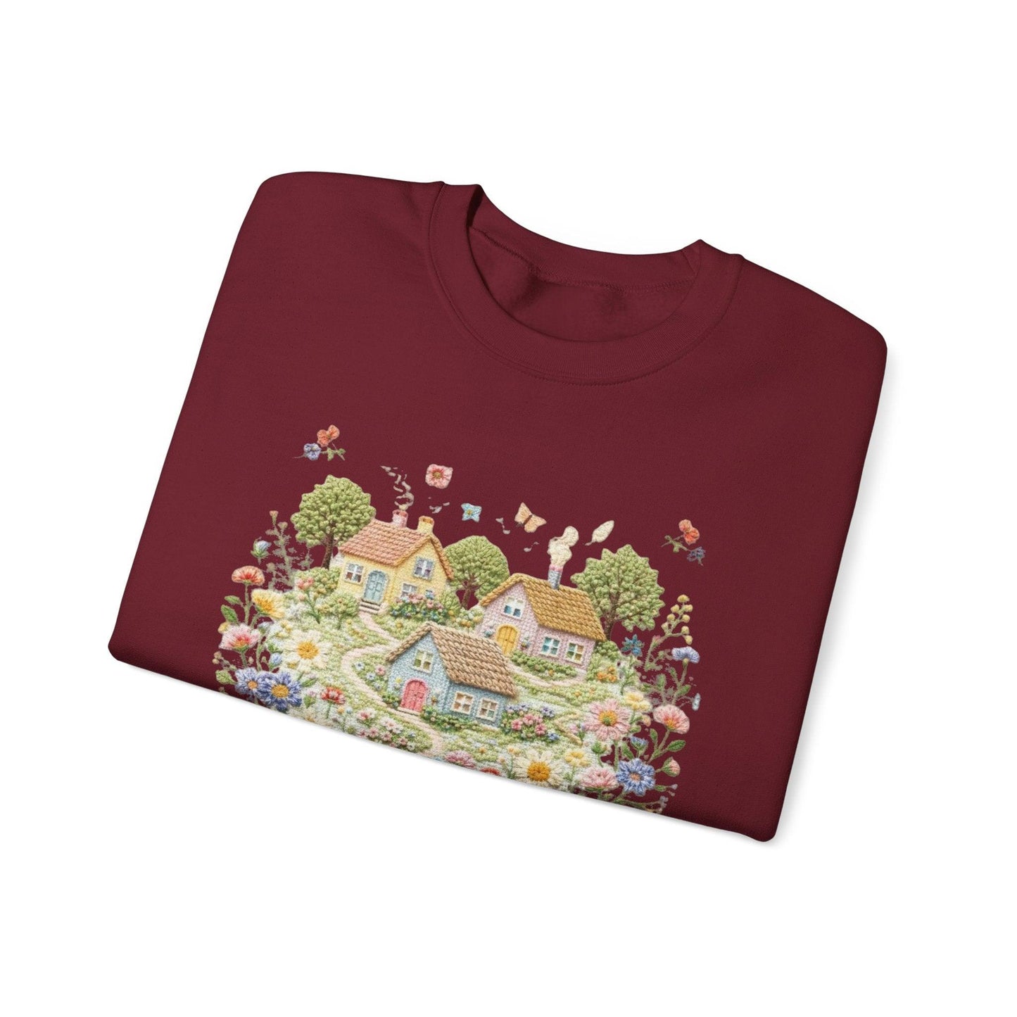 Cottage Garden Illustration Sweatshirt | Floral Village Scene, Cozy Spring