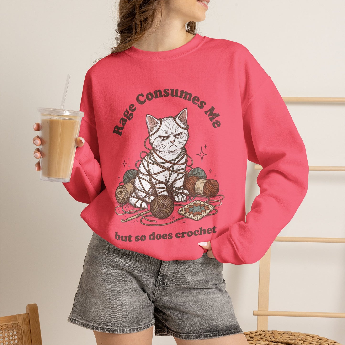 Rage Consumes Me Crochet Cat Shirt, Funny Knitting Tee, Grandma Hobbies Sweatshirt