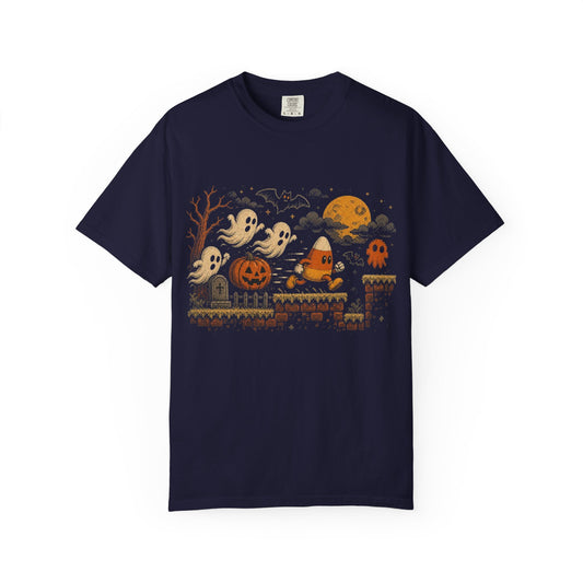 Pixel Halloween Ghosts and Pumpkins T-shirt | Retro 8-bit Spooky Night