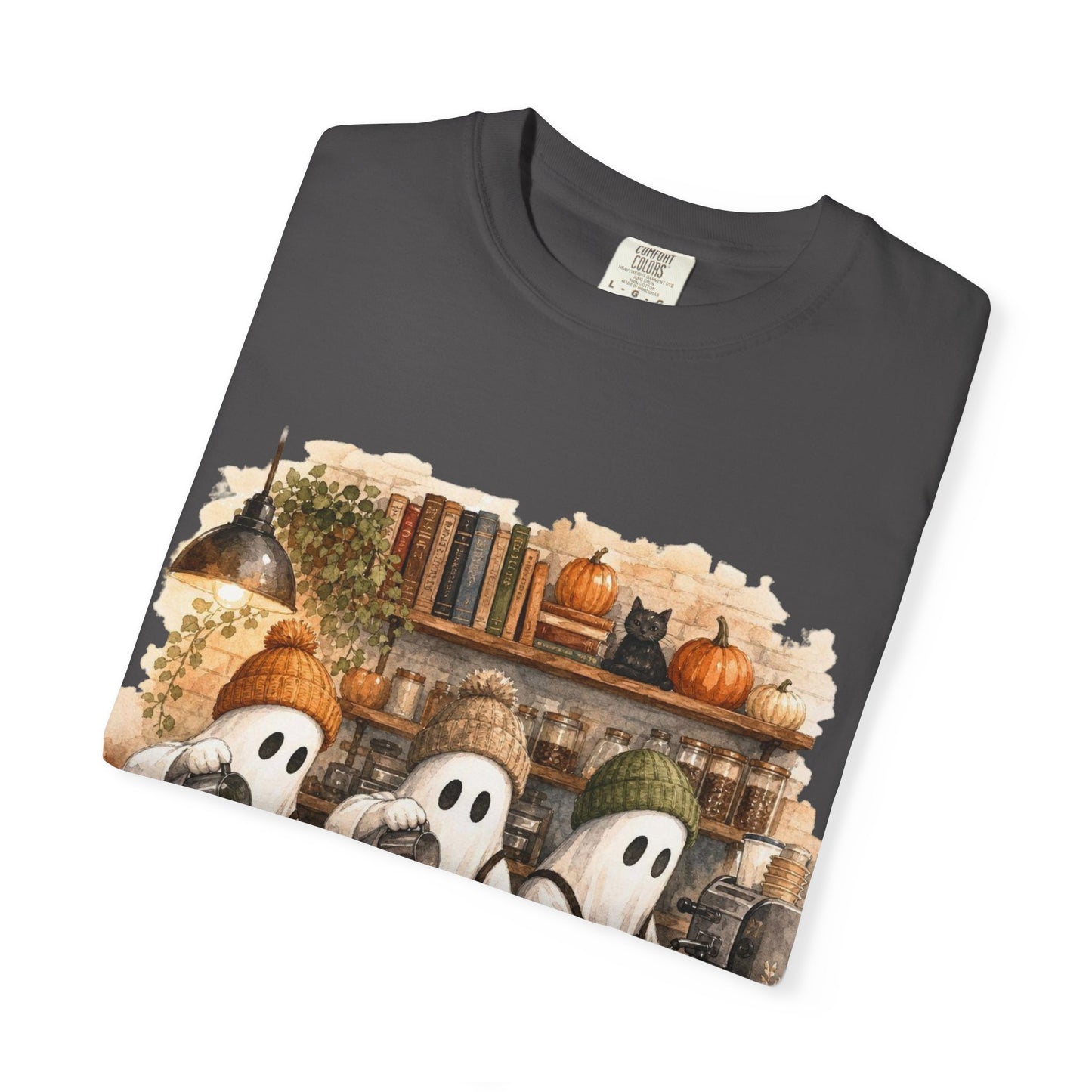 Ghost Trio with Pumpkin Lattes T-Shirt, Cute Halloween Coffee Shirt, Cozy Fall Ghost Tee, Pumpkin Spice Graphic, Autumn Coffee Lover Gift