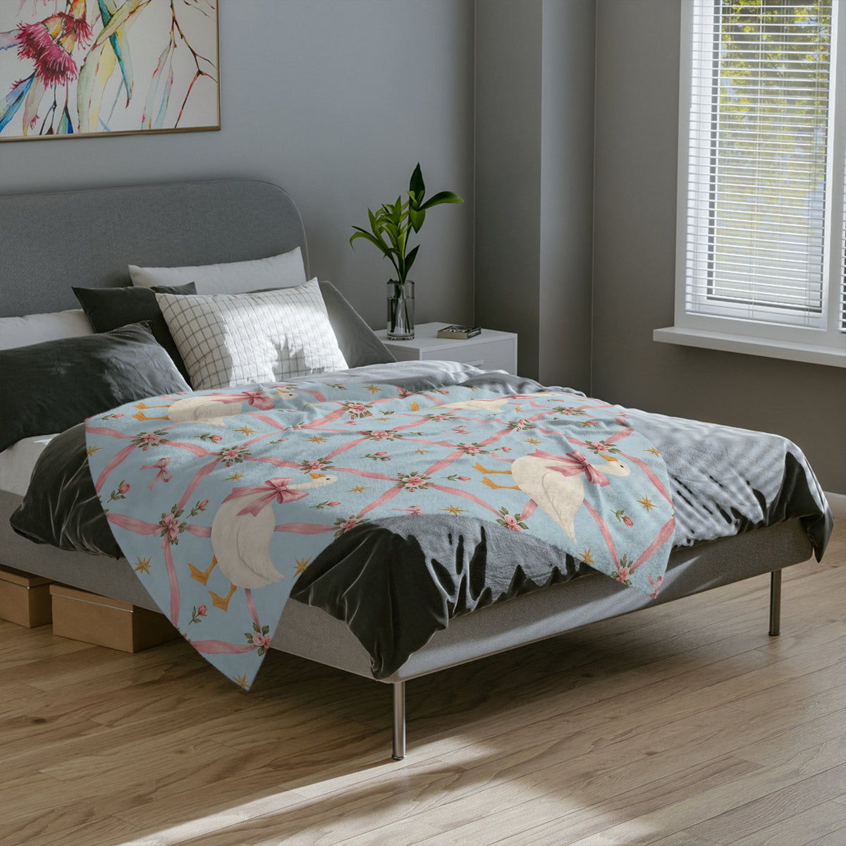 Ribbon Bow Goose blanket | velveteen microfiber throw, pastel floral lattice