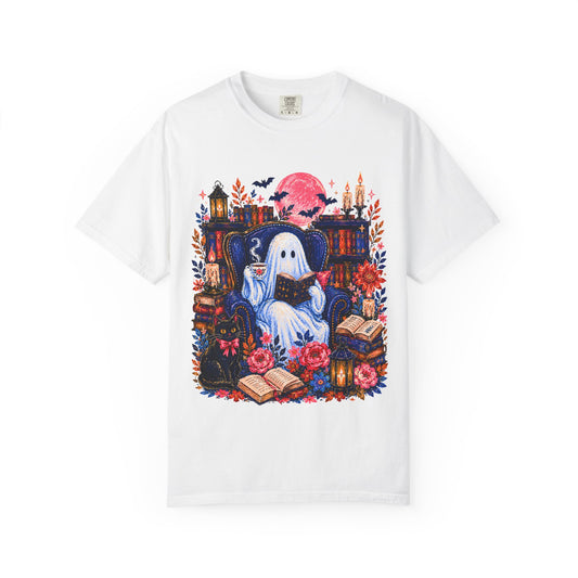 Cozy Reading Ghost T-Shirt | Bookish Halloween Illustration