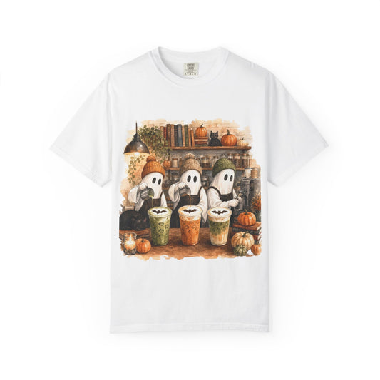 Ghost Trio with Pumpkin Lattes T-Shirt, Cute Halloween Coffee Shirt, Cozy Fall Ghost Tee, Pumpkin Spice Graphic, Autumn Coffee Lover Gift