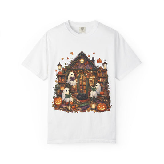 Cute Ghosts Haunted House T-Shirt, Halloween Pumpkin Shirt, Autumn Leaves Graphic Tee, Spooky Cute Fall Shirt, Cozy Halloween Gift