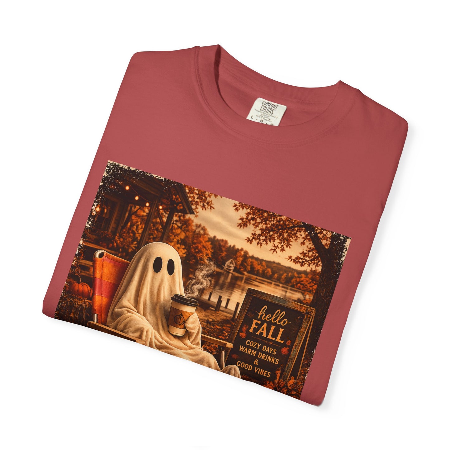 Cozy Ghost in Chair Fall T-shirt | Autumn Leaves, Retro Halloween Scene, Summerween
