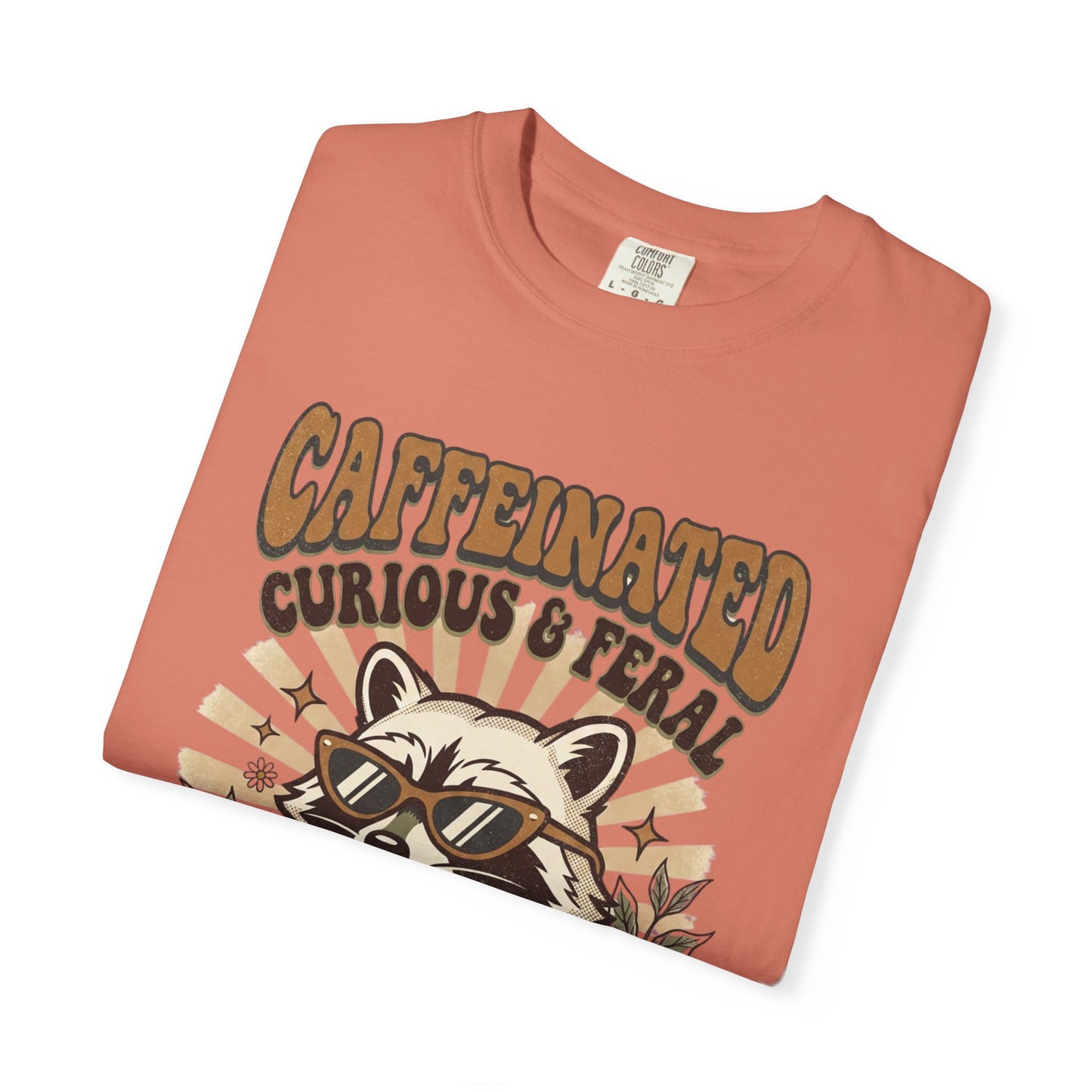 Caffeinated Curious & Feral Raccoon T-Shirt, Funny Coffee Lover Raccoon Tee, Goblincore Animal Shirt, Nature Lover Gift