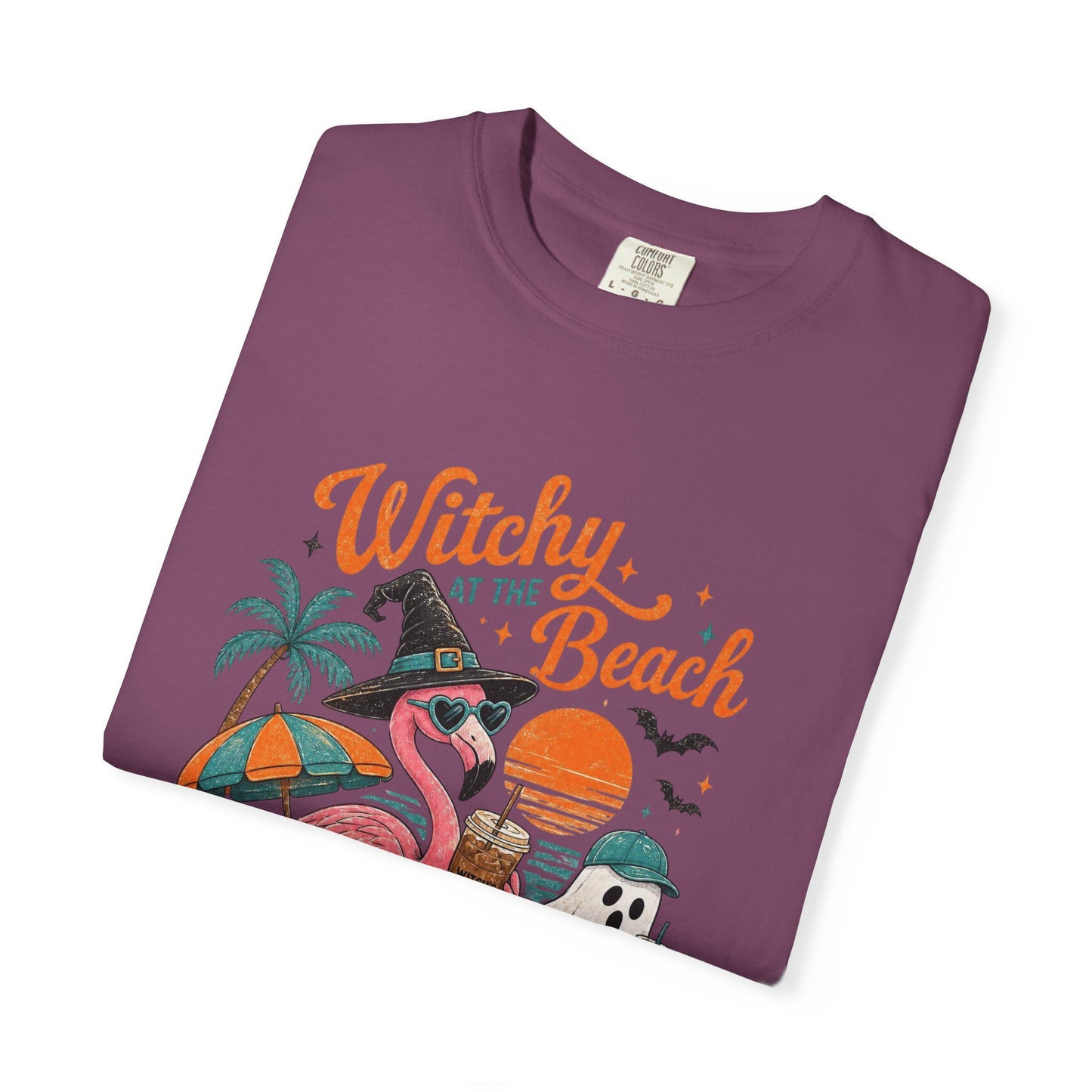 Witchy at the Beach T-shirt | Spooky Vibes Halloween Flamingo Design