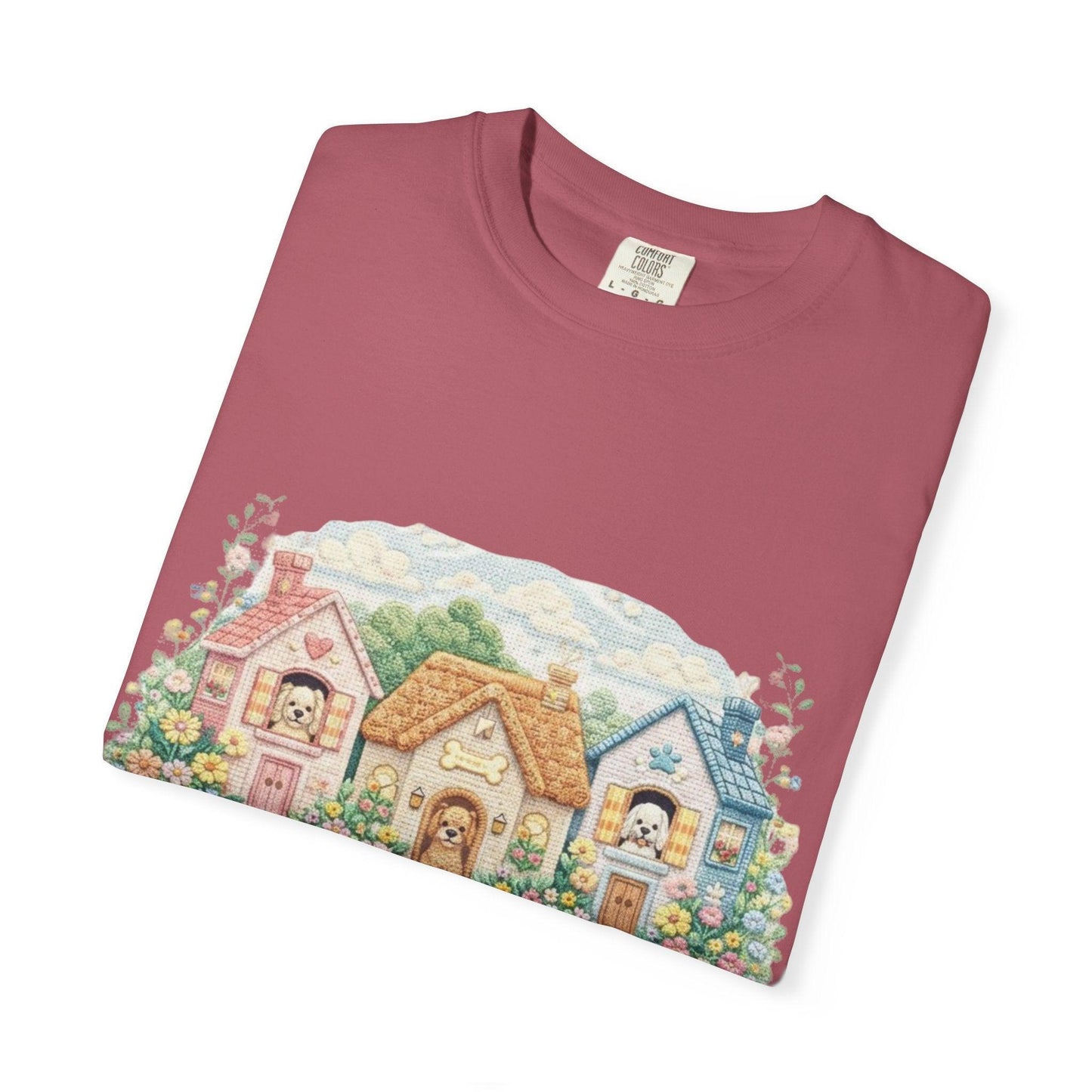 Cute Cottage Row illustration T-shirt | pastel village floral path