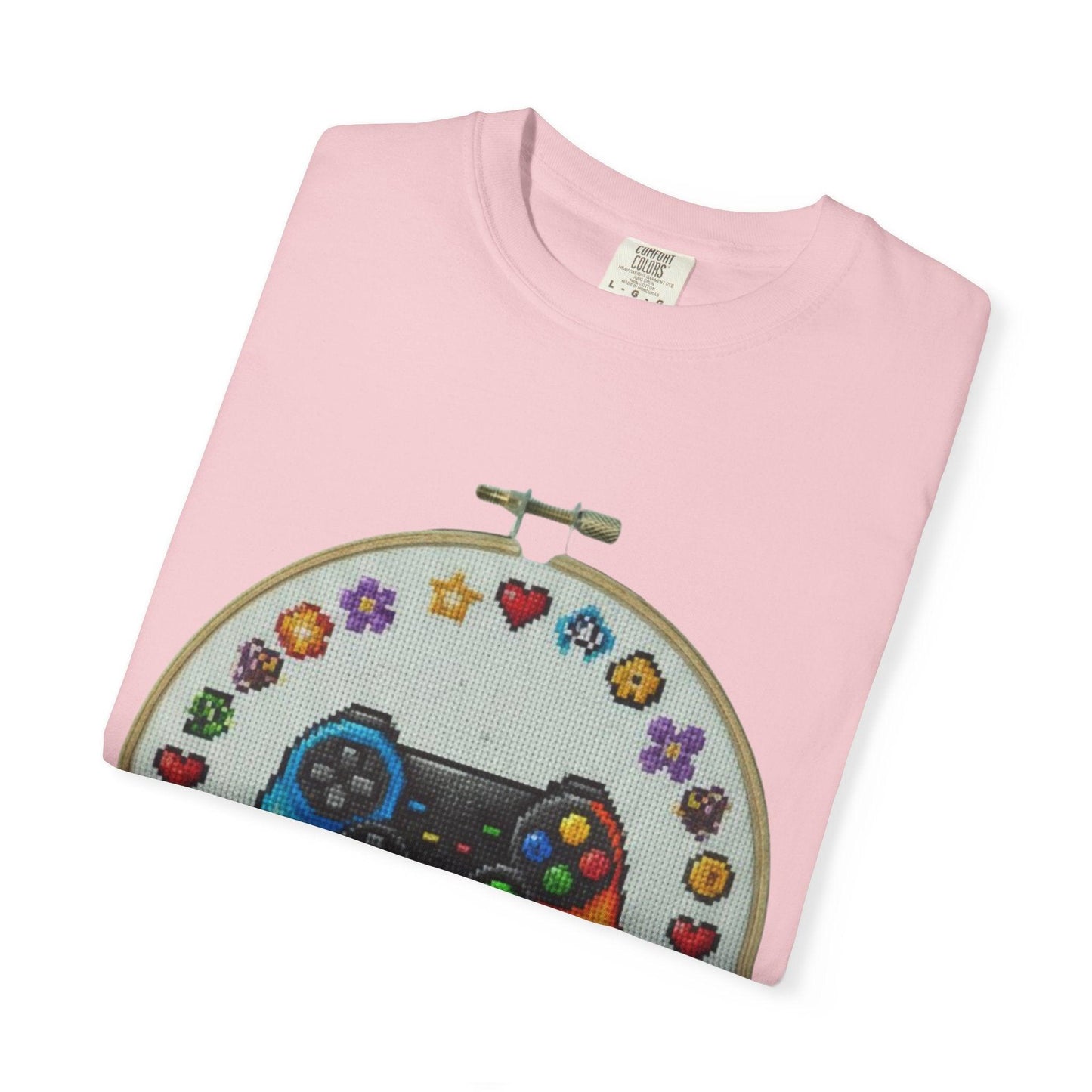 Rainbow Game Controller embroidery hoop T-Shirt | Gamer cross stitch design