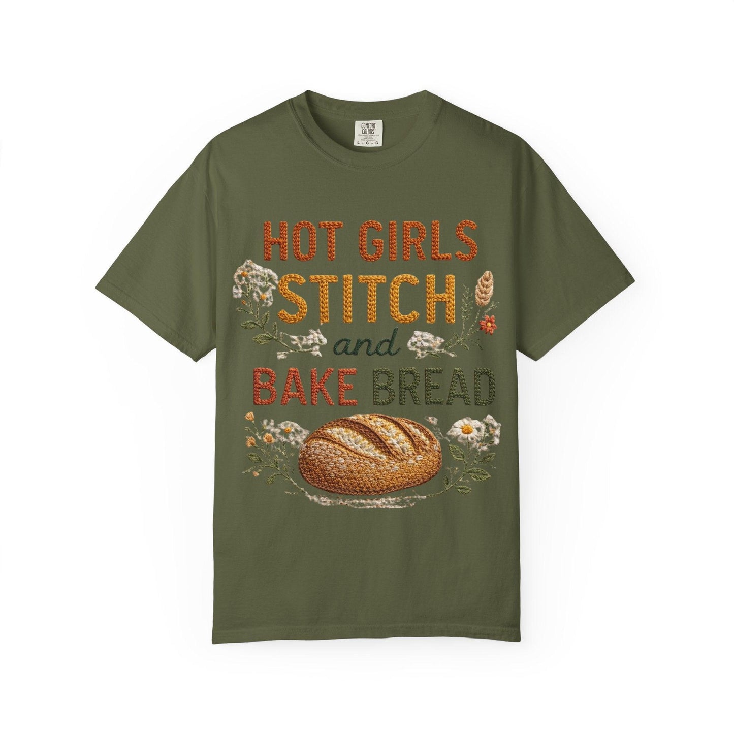 Hot Girls Stitch and Bake Bread T-Shirt | Bread Loaf Floral Embroidery Design