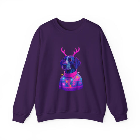 German Shorthaired Pointer with Reindeer Antlers Crewneck Sweatshirt | Neon Holiday Sweater Illustration