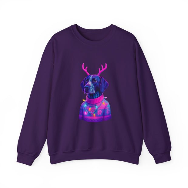 German Shorthaired Pointer with Reindeer Antlers Crewneck Sweatshirt | Neon Holiday Sweater Illustration