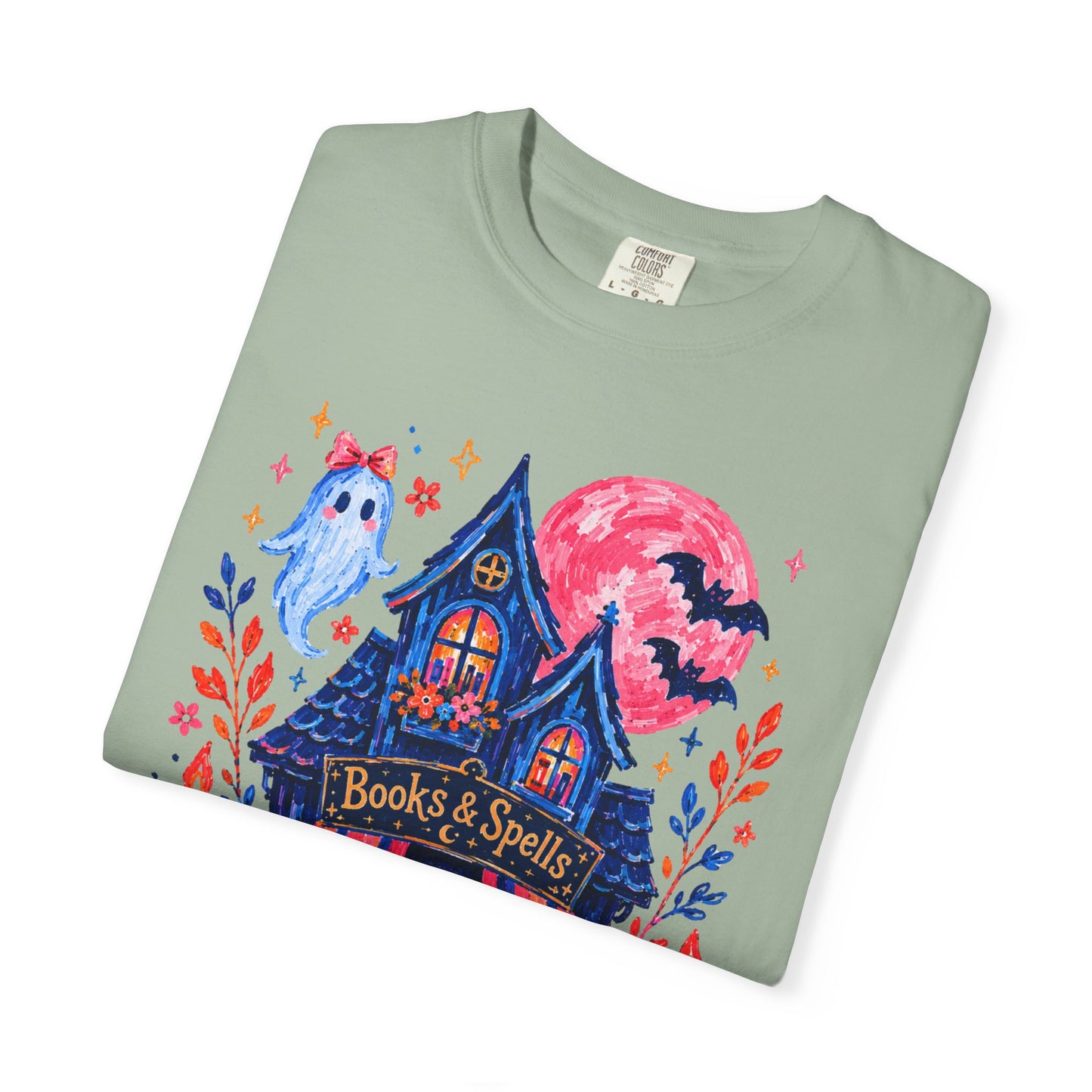 Books & Spells T-Shirt, Witchy Bookstore Halloween Shirt, Cozy Book Lover Tee, Black Cat Ghost Pumpkin Graphic, Booktok Fall Shirt