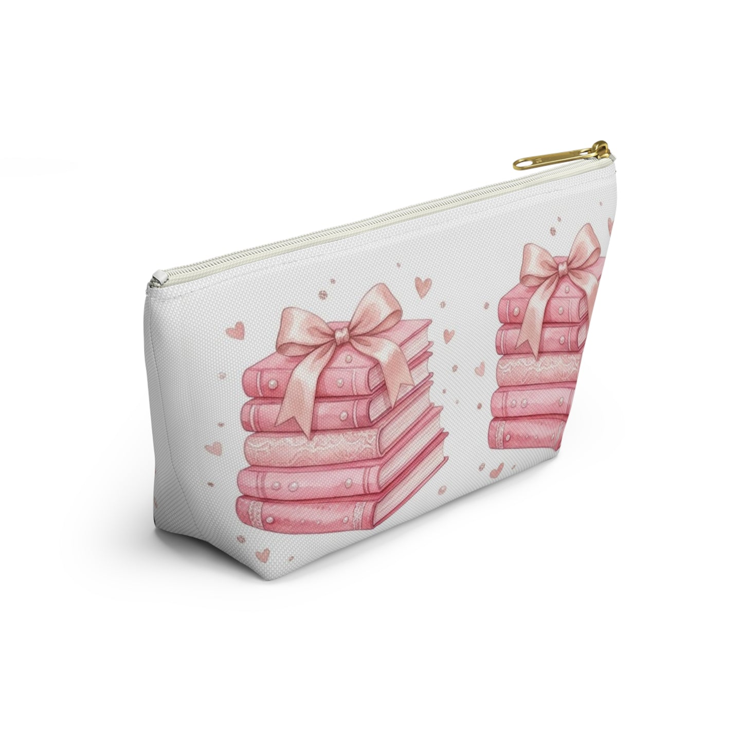 Stacked Pink Books with Bow Accessory Pouch | Cute Book Lover Cosmetic Bag