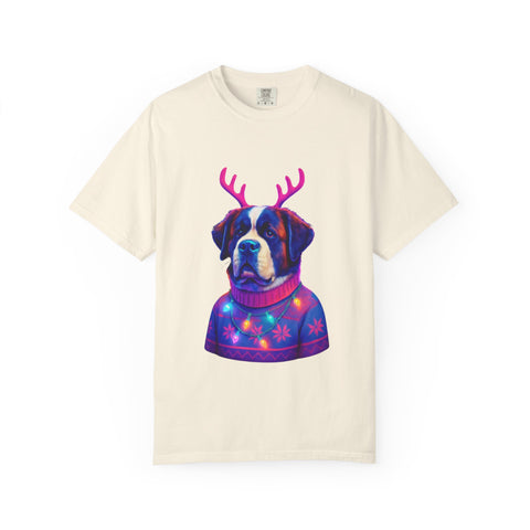 Saint Bernard in Reindeer Antlers T-Shirt | Holiday Dog Sweater Design