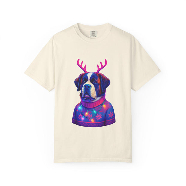 Saint Bernard in Reindeer Antlers T-Shirt | Holiday Dog Sweater Design