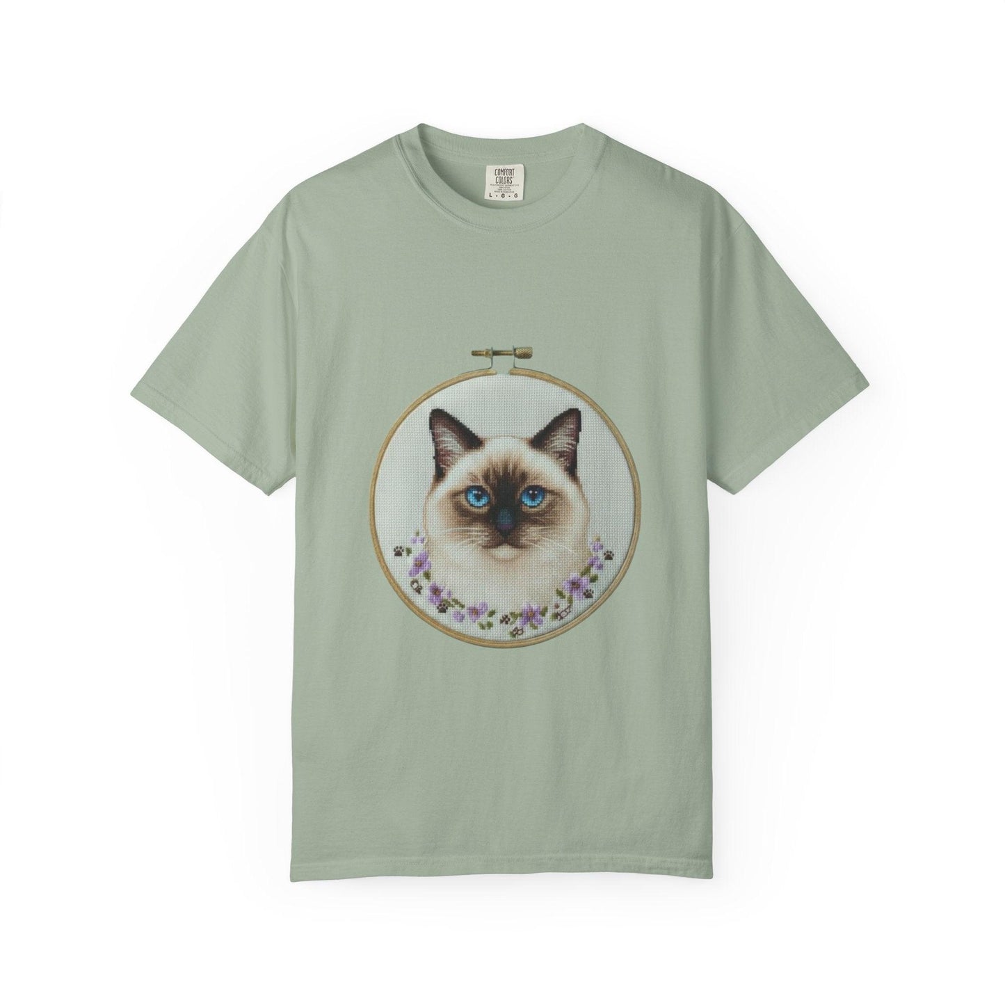 Blue-Eyed Siamese Cat Portrait T-Shirt | Embroidery Hoop Floral Design