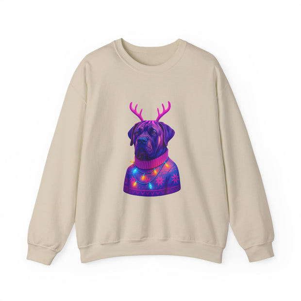 Neon Reindeer English Mastiff Sweatshirt | Dog with Antlers, Holiday Lights Sweater