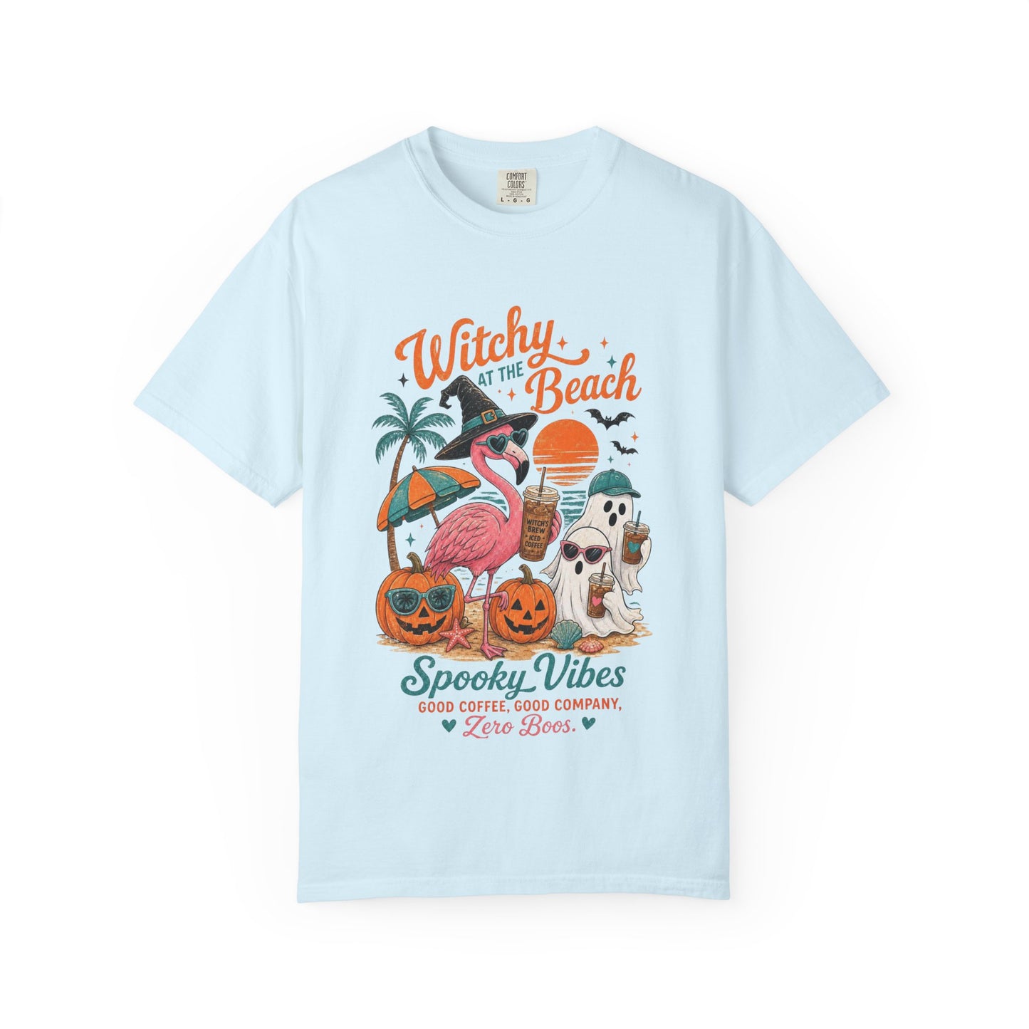 Witchy at the Beach T-shirt | Spooky Vibes Halloween Flamingo Design