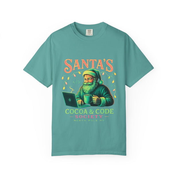 Santa's Cocoa & Code Society T-shirt, Holiday Tee, Xmas Gift, Unisex Garment-Dyed Shirt, Fun Santa Design, Cozy Christmas Apparel