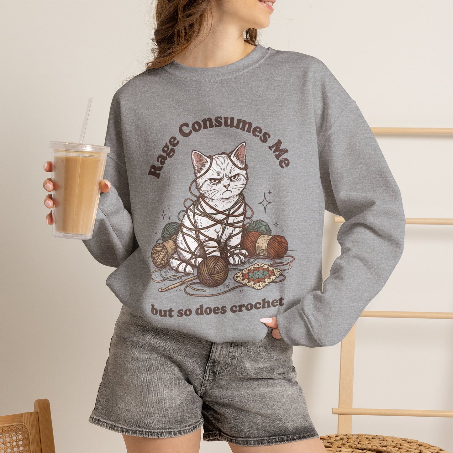Rage Consumes Me Crochet Cat Shirt, Funny Knitting Tee, Grandma Hobbies Sweatshirt