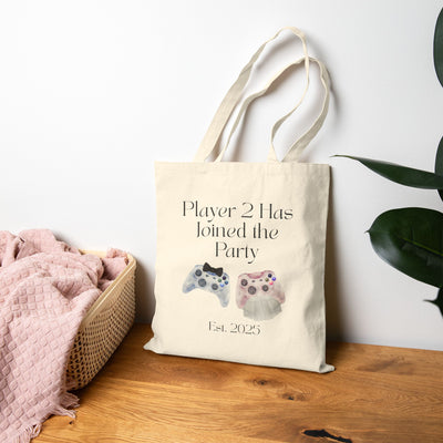 'Player 2 Has Joined the Party' 'Est. 2025' Cotton Canvas Tote Bag