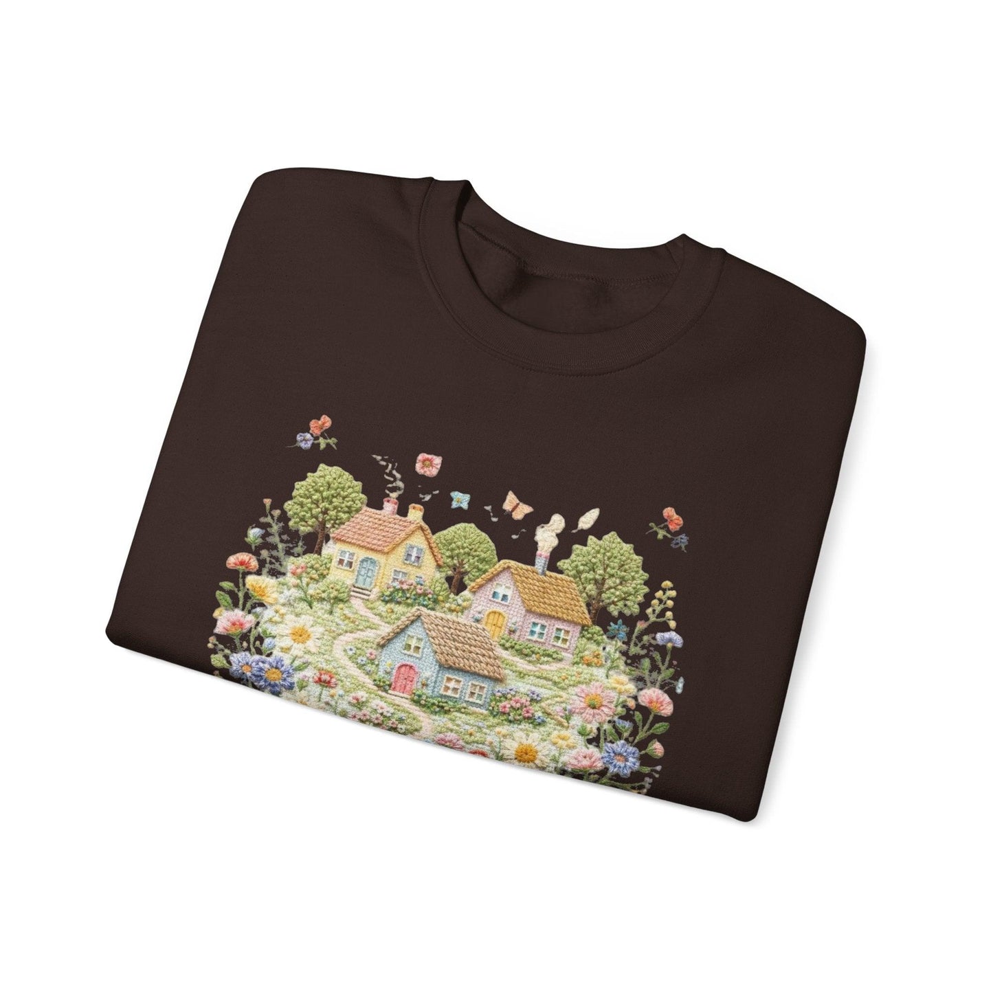 Cottage Garden Illustration Sweatshirt | Floral Village Scene, Cozy Spring