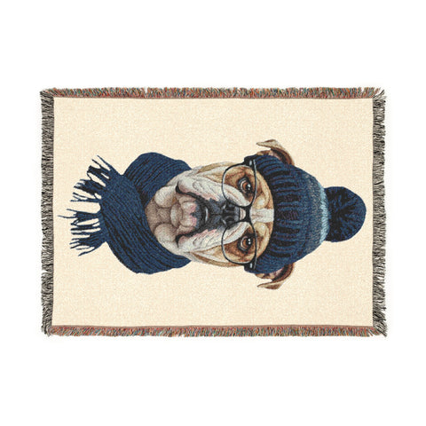 Bulldog in Beanie Woven Blanket | Cozy Dog Portrait Throw