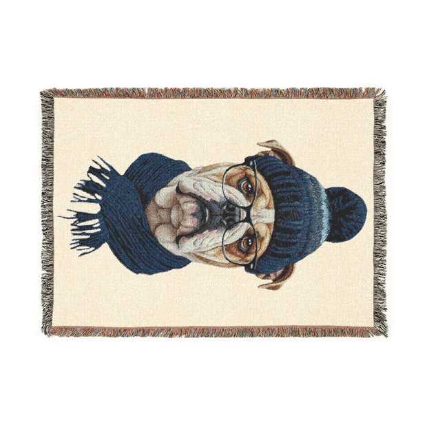 Bulldog in Beanie Woven Blanket | Cozy Dog Portrait Throw
