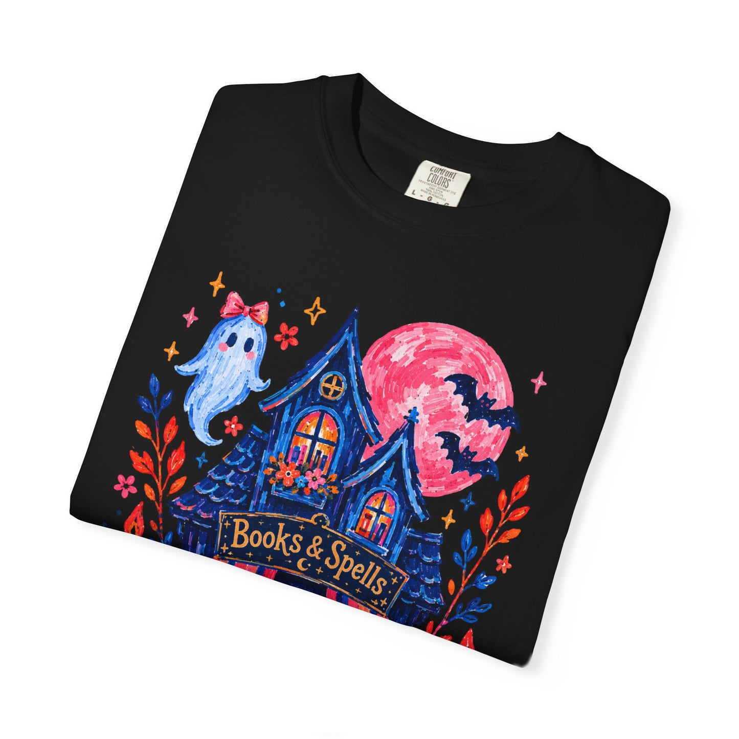 Books & Spells T-Shirt, Witchy Bookstore Halloween Shirt, Cozy Book Lover Tee, Black Cat Ghost Pumpkin Graphic, Booktok Fall Shirt