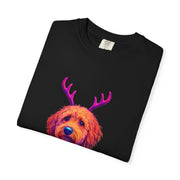 Golden Doodle in Reindeer Antler Sweater T-Shirt | Holiday Dog Portrait