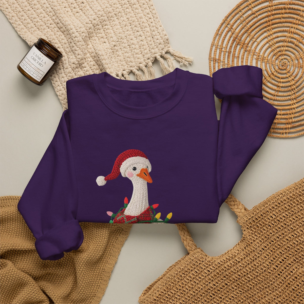 Christmas Goose Wearing Santa Hat Crewneck Sweatshirt | Holiday Duck in Lights
