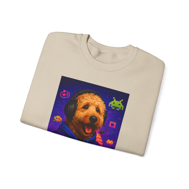 Gaming Golden Doodle Illustration Crewneck Sweatshirt | Retro Arcade Gamer