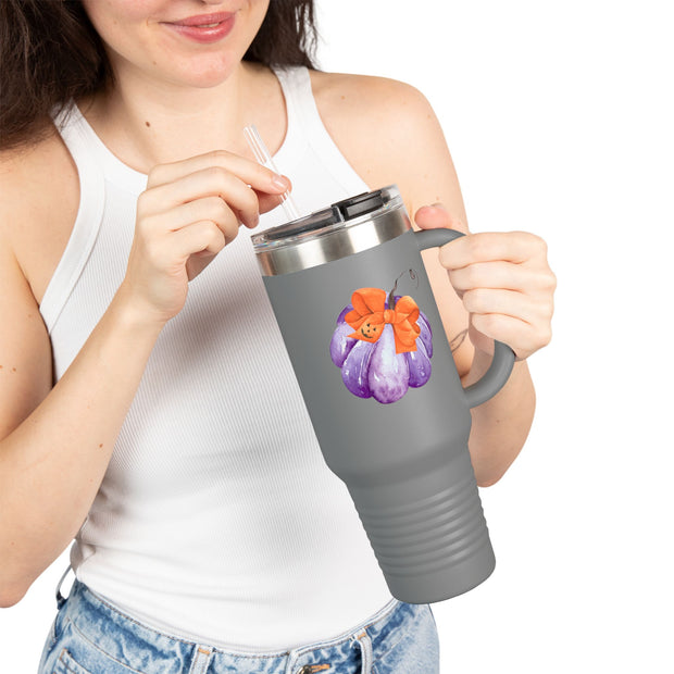 Purple Pumpkin Wrapped In A Bow Insulated Travel Mug, 40oz