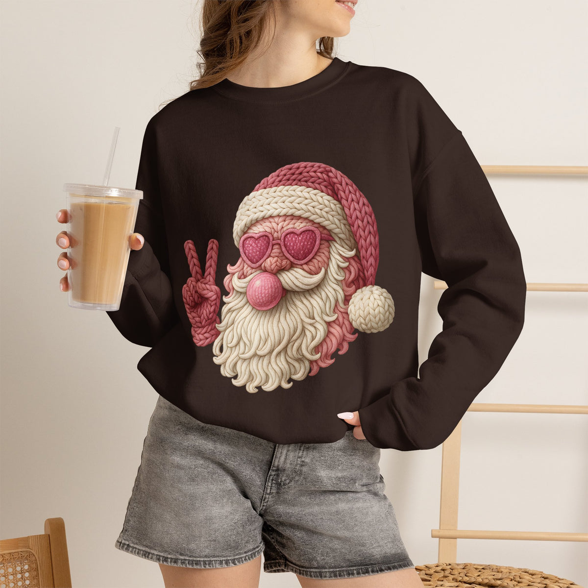 Pink Sunglasses Peace Sign Santa Sweatshirt | Retro Holiday Cozy