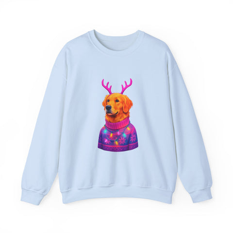 Golden Retriever in Festive Sweater Sweatshirt | Reindeer Antlers Holiday Dog