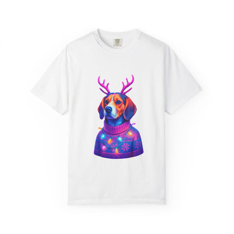 Neon Beagle in Reindeer Antlers T-Shirt | Christmas Dog Sweater Design