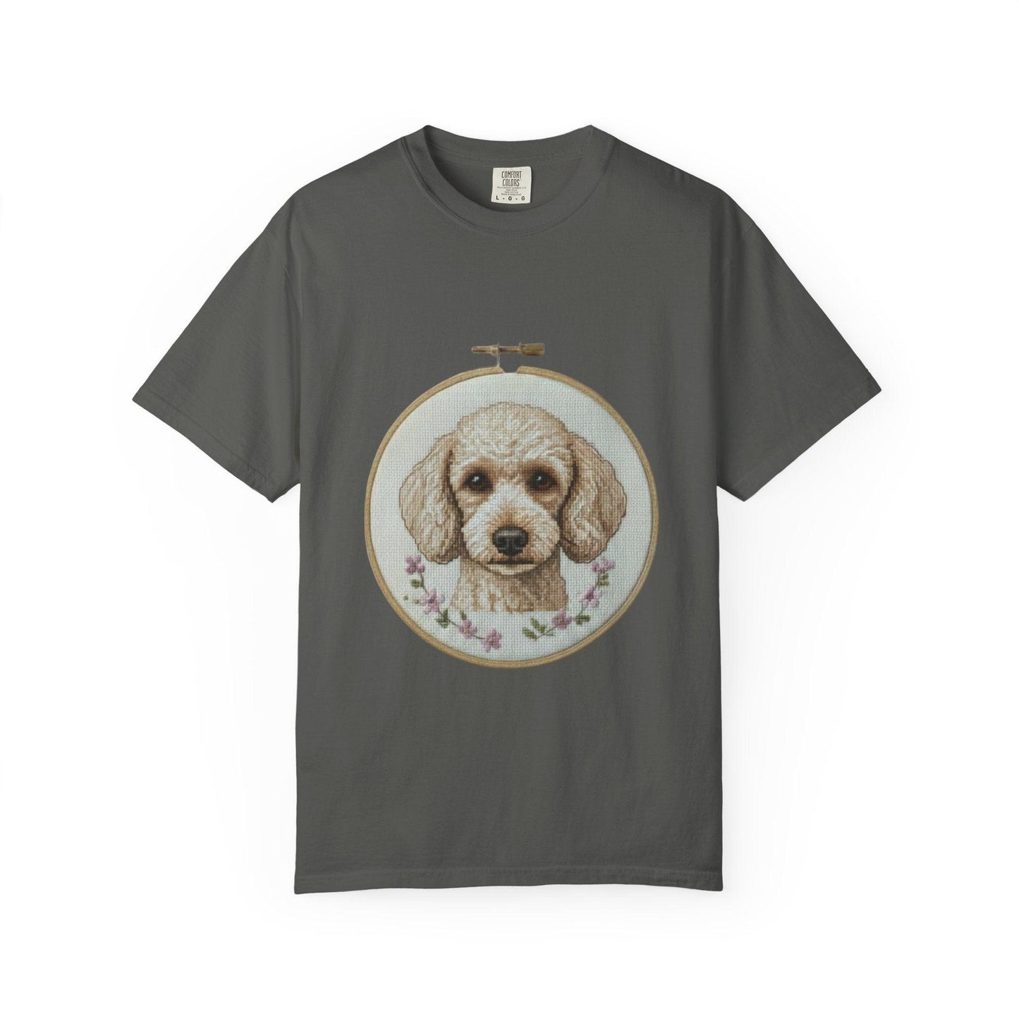 Poodle Portrait Embroidery Hoop Dog Art T-shirt | Hand-Drawn Canine Illustration