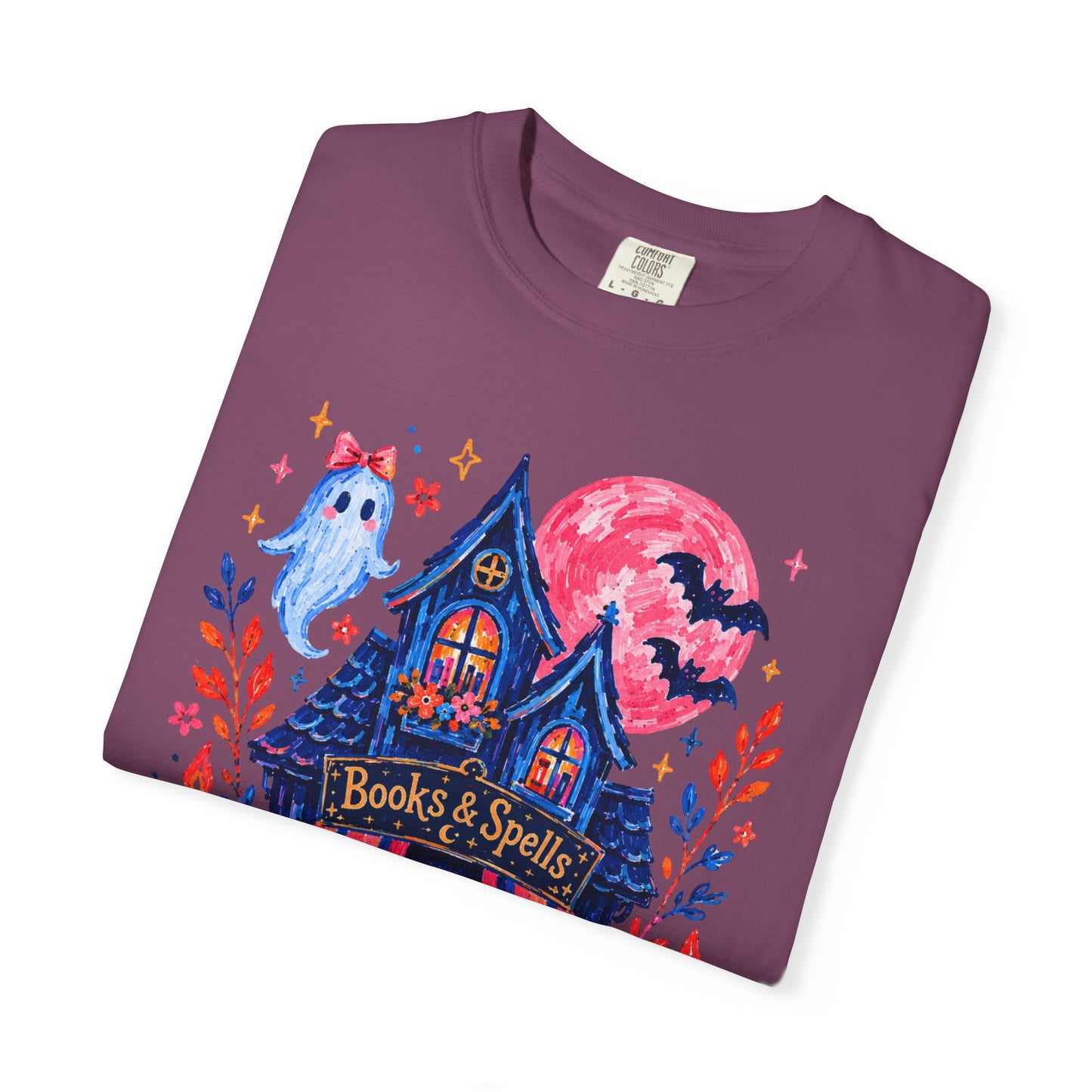 Books & Spells T-Shirt, Witchy Bookstore Halloween Shirt, Cozy Book Lover Tee, Black Cat Ghost Pumpkin Graphic, Booktok Fall Shirt