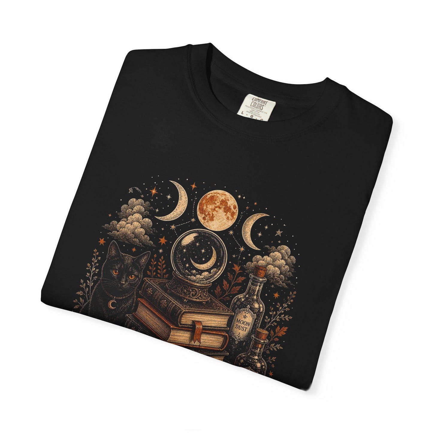 Witchy Book Stack T-shirt | Black Cat, Pumpkins, Moon Phases