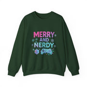 Festive Gamer Crewneck Sweatshirt - Merry and Nerdy, Unisex Sweatshirt, Holiday Apparel, Gaming Sweatshirt, Cozy Gift for Gamers