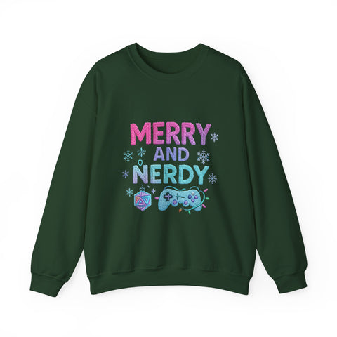 Festive Gamer Crewneck Sweatshirt - Merry and Nerdy, Unisex Sweatshirt, Holiday Apparel, Gaming Sweatshirt, Cozy Gift for Gamers