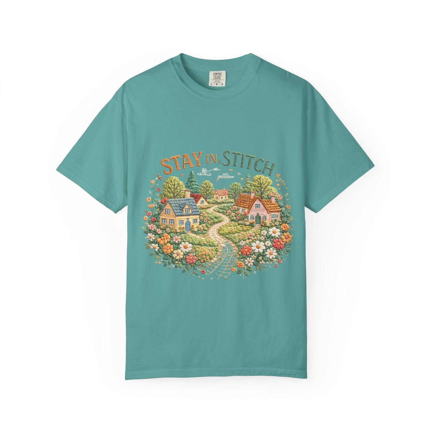 Stay In and Stitch Shirt, Cottagecore Sewing Tee, Grandma Hobbies Top, Vintage Cross Stitch Floral Village