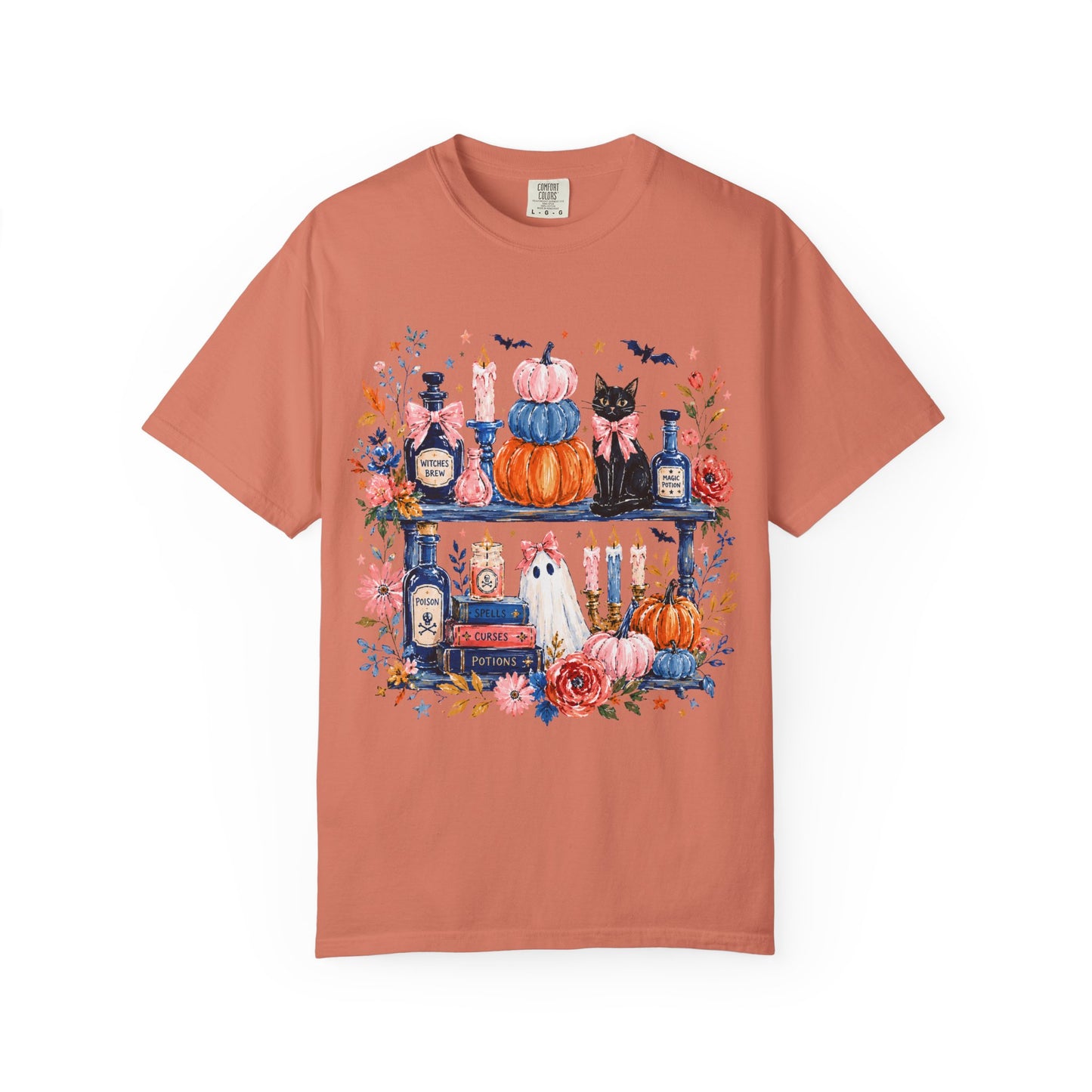 Autumn Apothecary Illustration T-shirt | Pumpkins, Black Cat, Potion Bottles