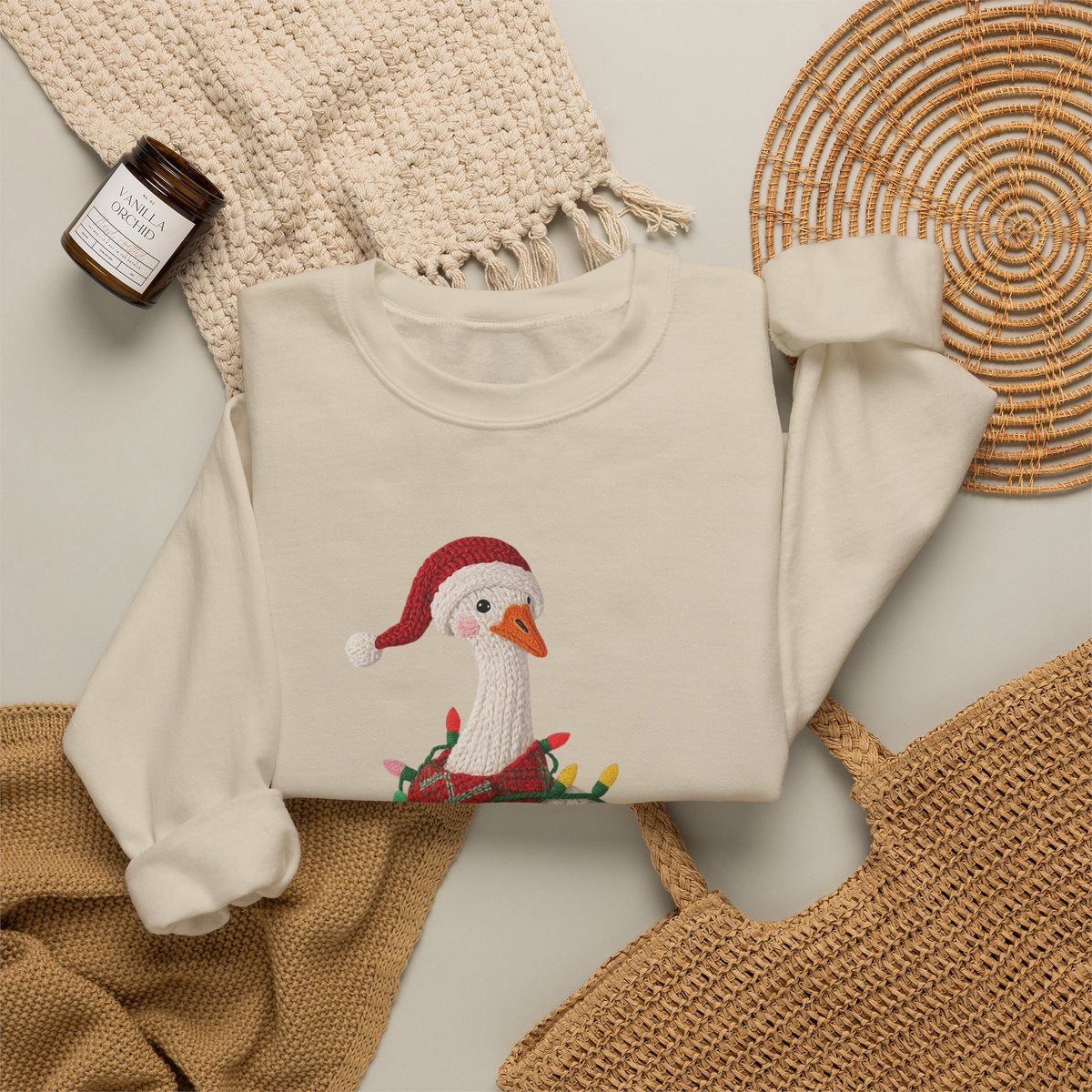 Christmas Goose Wearing Santa Hat Crewneck Sweatshirt | Holiday Duck in Lights