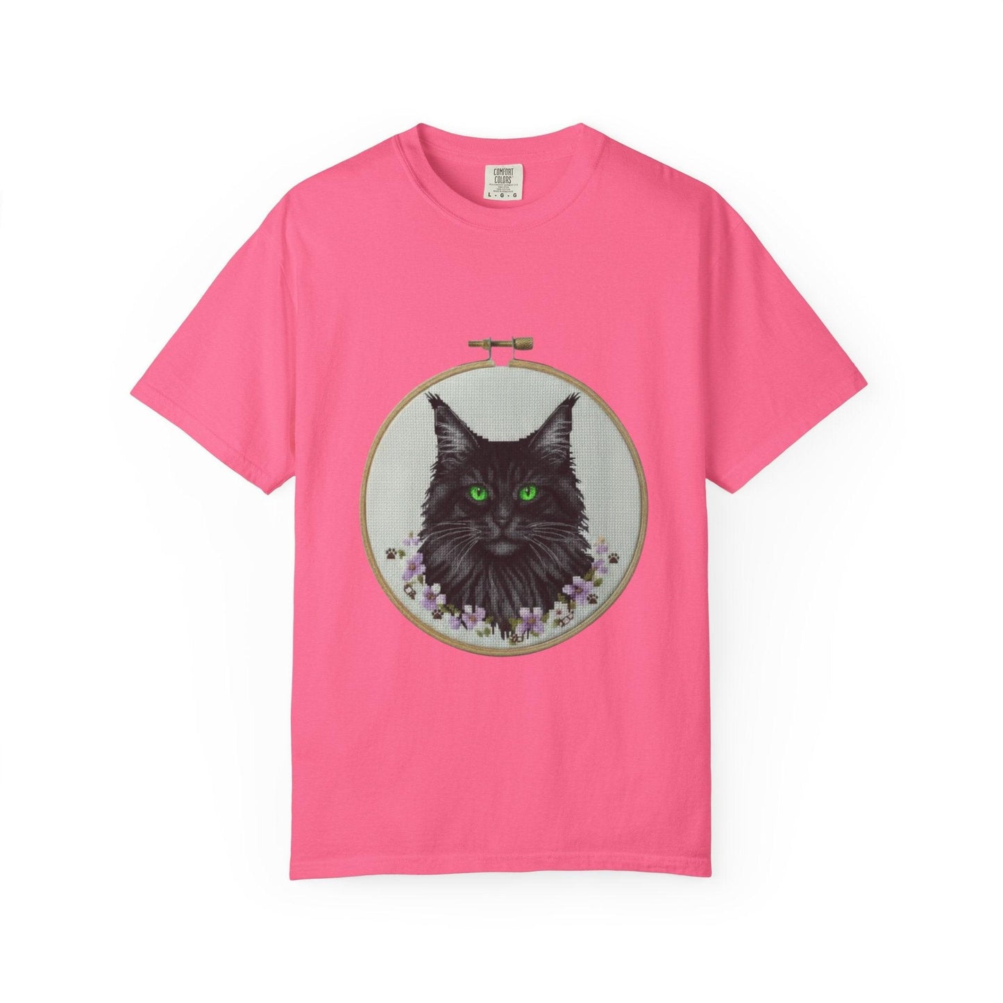 Black Cat Portrait T-Shirt | Embroidery Hoop Art, Green Eyes