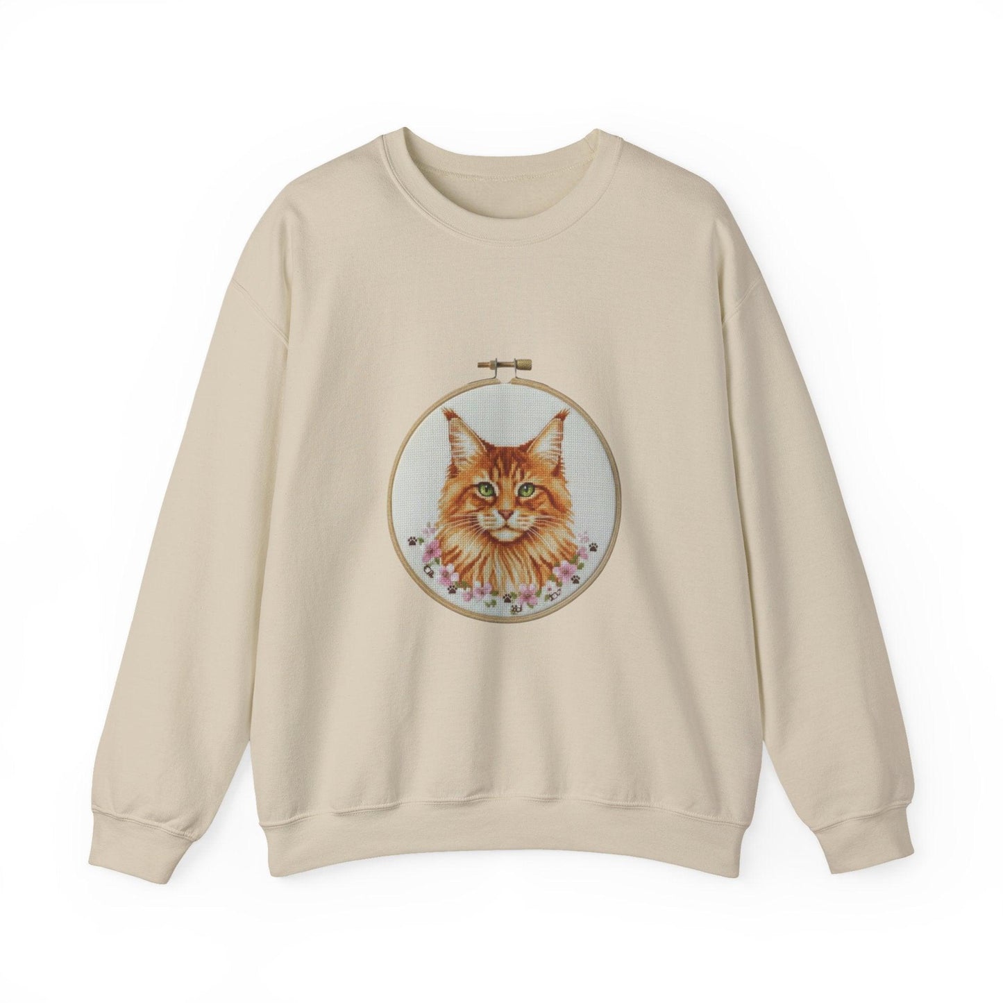 Orange Tabby Cat Sweatshirt, Cat Mom Gift, Cross Stitch Cat Portrait, Embroidery Hoop Floral Crewneck