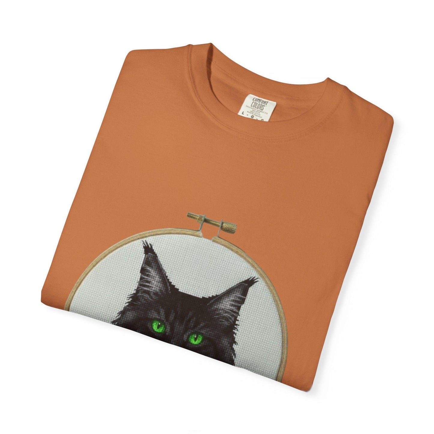 Black Cat Portrait T-Shirt | Embroidery Hoop Art, Green Eyes