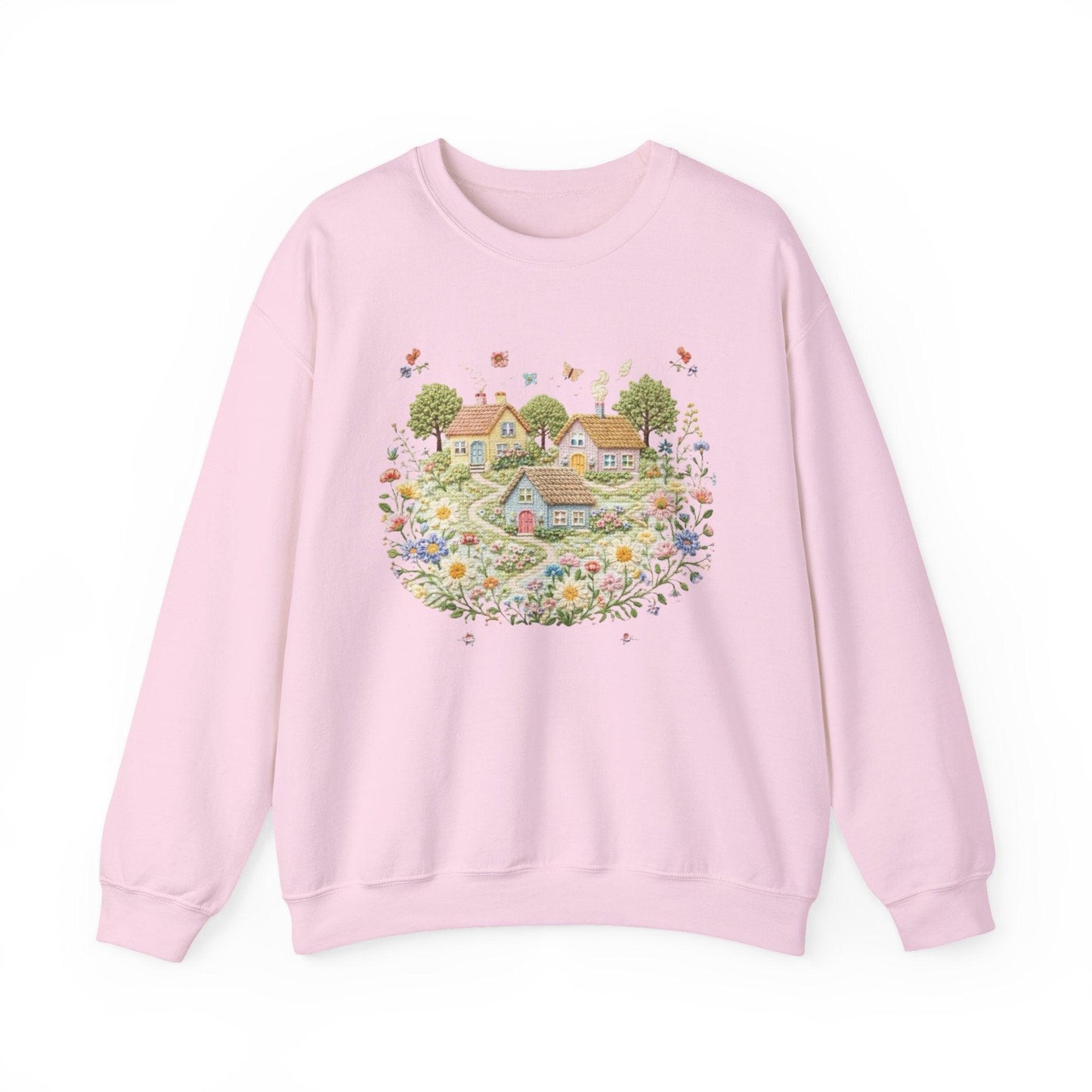 Cottage Garden Illustration Sweatshirt | Floral Village Scene, Cozy Spring