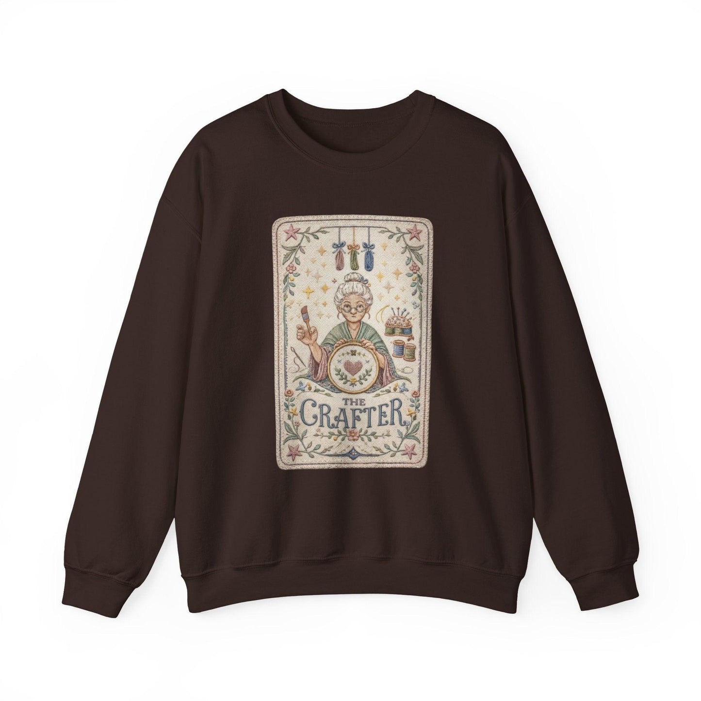 The Crafter illustration Crewneck Sweatshirt | Vintage craft tools, floral frame